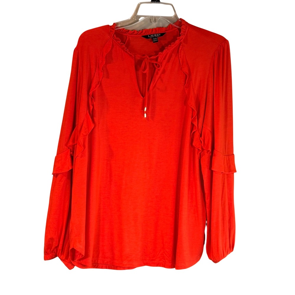 Lauren Ralph Lauren Blouse Womens 1X Orange Ruffle Long Sleeve Boho Quiet Luxury